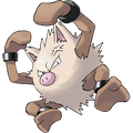 Hairy fighting pokemon with bracers on his wrists and ankles, jumping in the air looking angry