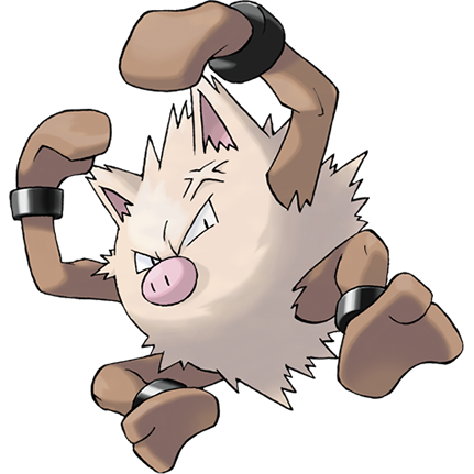 Hairy fighting pokemon with bracers on his wrists and ankles, jumping in the air looking angry