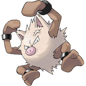 Hairy fighting pokemon with bracers on his wrists and ankles, jumping in the air looking angry