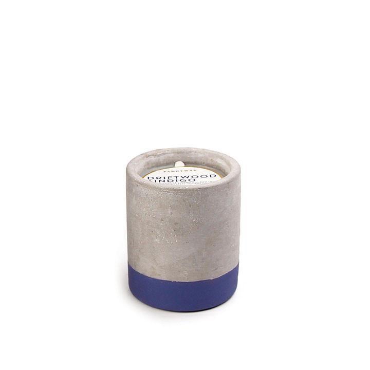 Grey cement cylinder candle holder with navy blue bottom