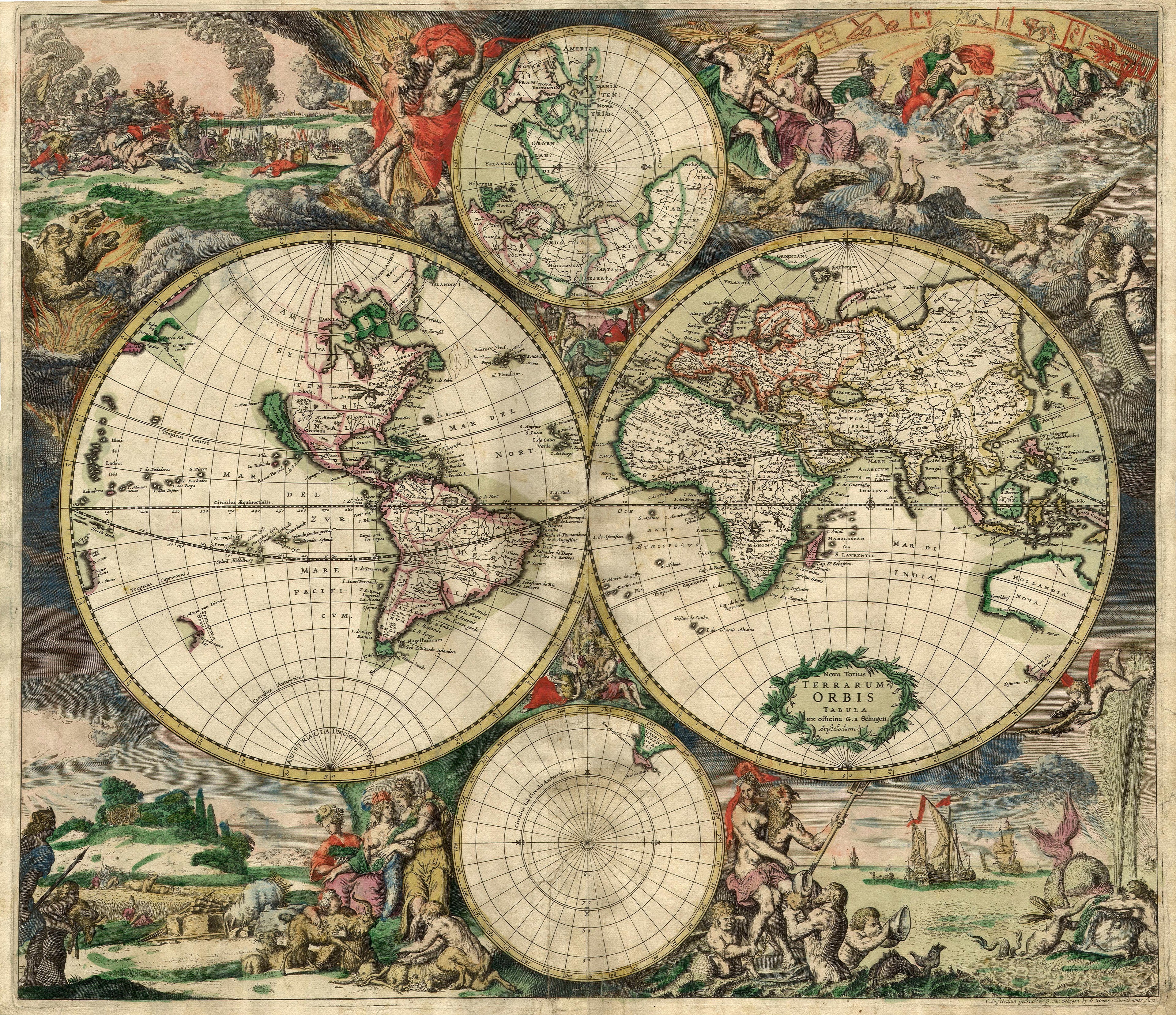 Political world map showing separate view for the east and west hemispheres, and north and south pole. Ornate details with copper engraving and hand painted colors.